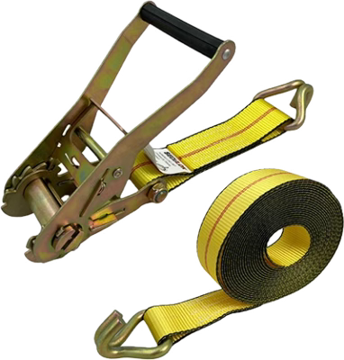 Robust 2-inch by 27-foot ratchet strap with wire hooks, manufactured and supplied by a leading cargo tie-down manufacturer in Malaysia. Designed for heavy-duty applications, providing secure and reliable cargo tie-down solutions. Complies with industry safety standards, ensuring optimal performance and safety during transport.